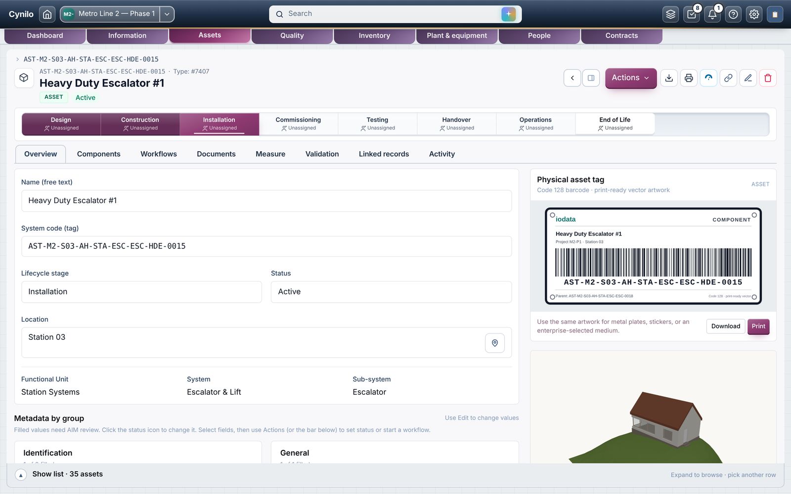 Asset detail with lifecycle stages and a printable barcode tag